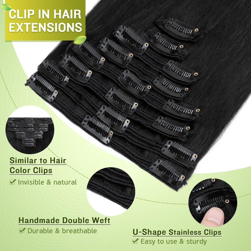 My Lady MY-LADY Double Weft Clip in 100% Remy Human Hair Extensions #1 Jet Black Full Head Thick Thickened Long Soft Straight 8pcs 18clips Natural Black 22" / 22 inch 160g - Image 4